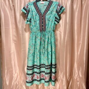 Bohemian Teal Midi Dress with Ruffle Sleeves